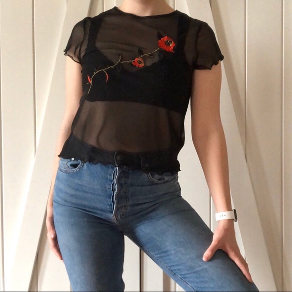 SHEER BLACK BLOUSE WITH ROSE - Picture 3 of 3